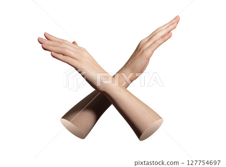 Hand crossed gesture with fingers showing refusal and disagreement. Female palm in defensive motion Hand crossed gesture with fingers showing refusal and disagreement. Female palm in defensive motion 127754697