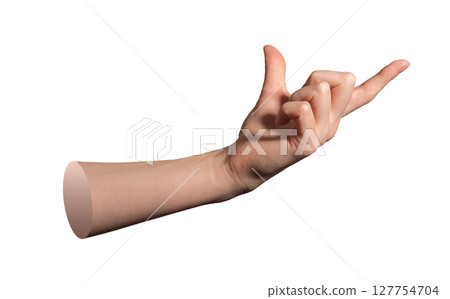 Hand holding big object between thumb and forefinger in pinch gesture showing size and measurement. 127754704