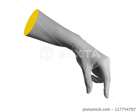 Hand holding fingers in motion with thumb and forefinger gripping and pinching small object. Side Hand holding fingers in motion with thumb and forefinger gripping and pinching small object. Side 127754707