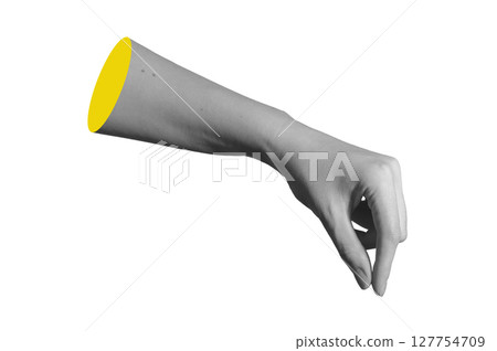 Hand holding fingers pinching tiny invisible item in closeup side view. Woman s wrist and arm Hand holding fingers pinching tiny invisible item in closeup side view. Woman s wrist and arm 127754709
