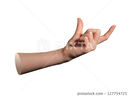 Hand of woman holding huge item between thumb and forefinger in precise pinch gesture, showing grip 127754725