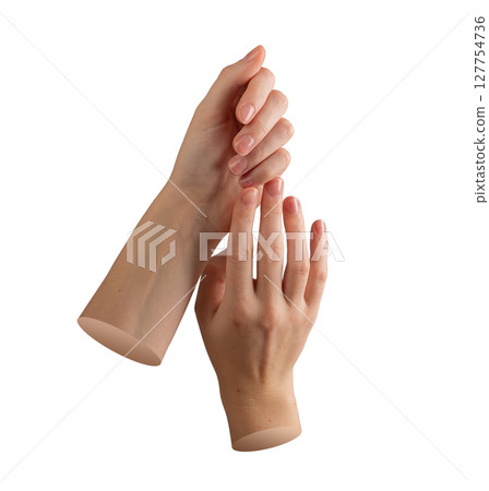 Hands with neat manicure and smooth nails touching gently. Feminine, soft skin with delicate care Hands with neat manicure and smooth nails touching gently. Feminine, soft skin with delicate care 127754736