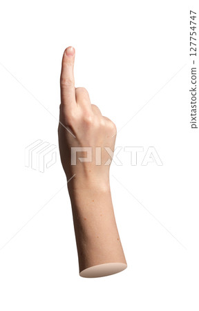 Index finger pointing up in straight gesture showing tap and press action. Close up of hand 127754747