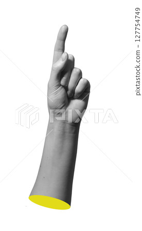 Index finger pointing upward in close up gesture showing tap and selection. Female hand with clean 127754749