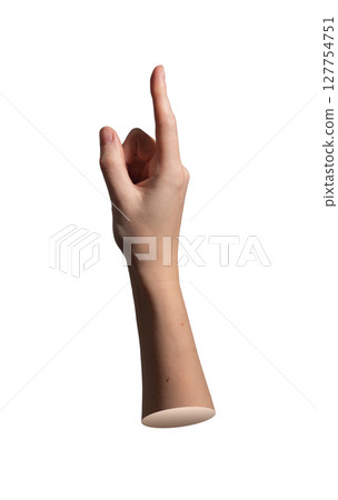 Index finger pointing upward in side view with thumb visible. Close up of female hand showing tap 127754751