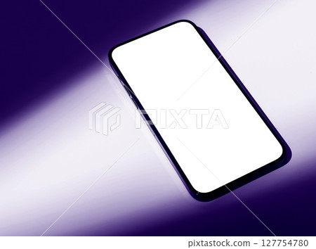 Phone screen mockup. Modern black smartphone with blank touch screen, glowing violet beam effect, 127754780