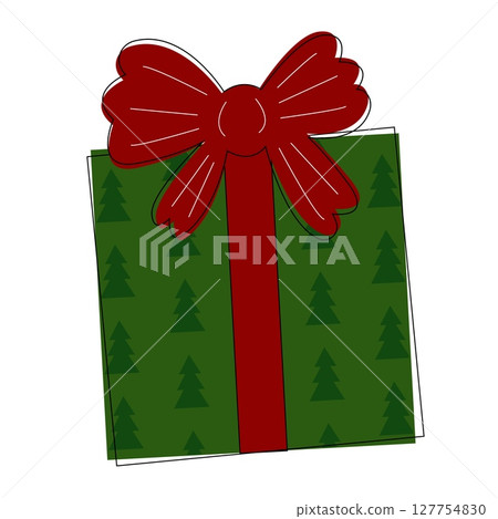 Christmas gift box with red ribbon and bow, wrapped in festive paper. A luxurious, beautiful present Christmas gift box with red ribbon and bow, wrapped in festive paper. A luxurious, beautiful present 127754830