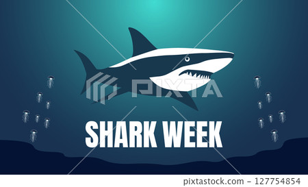 Shark Week July Bold Graphic Design, Minimalist Style, Ocean Theme. 127754854