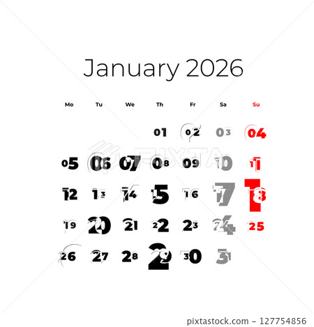 January 2026 calendar. The week starts on Monday 127754856