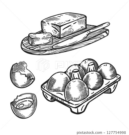 Vector illustration set, quoi eggs, egg cell, butter with knife. All objects are hand-drawn in vector. Illustrations are suitable for the design of food packaging, the design of farm shops. 127754998