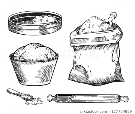 A set of vector illustrations, all for baking. A bag of flour, a sieve, a bowl with ready-made dough, a rolling pin, a spoon. The illustration is suitable for printing on fabric, paper, goods. A set of vector illustrations, all for baking. A bag of flour, a sieve, a bowl with ready-made dough, a rolling pin, a spoon. The illustration is suitable for printing on fabric, paper, goods. 127754999