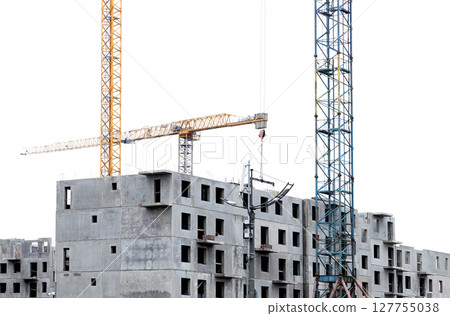 Urban construction site with a crane working on a modern high-rise residential building. The Urban construction site with a crane working on a modern high-rise residential building. The 127755038