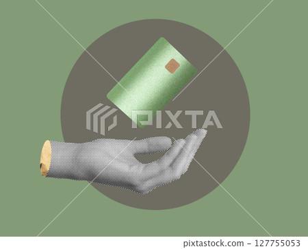 Finance and banking concept, showcasing a woman holding a credit card for secure payment and 127755053