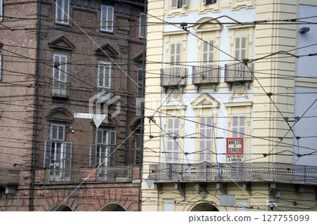 Aerial cableway Tram wires detail in Turin 127755099