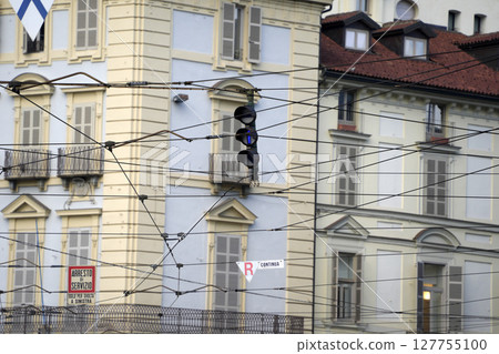 Aerial cableway Tram wires detail in Turin Aerial cableway Tram wires detail in Turin 127755100