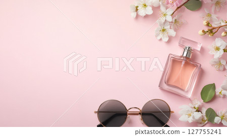 Elegant top view of perfume bottle and floral accents in soft pastel tones, styled for cosmetic or fashion advertising. 127755241