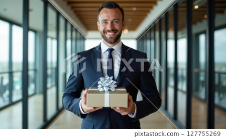 A confident businessman in a tailored suit holding an elegant luxury gift box, modern office background, professional atmosphere, natural lighting, corporate style 127755269