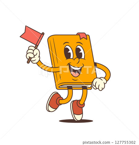 Cheerful Orange Cartoon Book Mascot Jumping With Red Flag Happy Emotion Character Vector Illustration 127755302