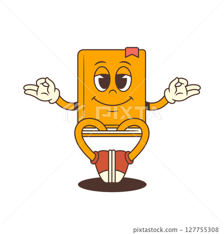 Funny Cartoon Book Mascot Meditating With Peaceful Smile And Relaxed Face Expression Vector Illustration 127755308