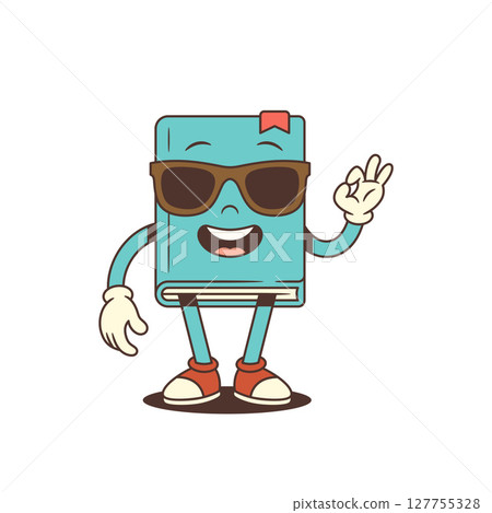 Confident Blue Book Character Wearing Sunglasses Showing OK Hand Sign With Smile Vector Illustration 127755328