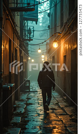 Narrow street after the rain. A narrow, wet alleyway reflects a warm glow from streetlamps hanging overhead. 127755473