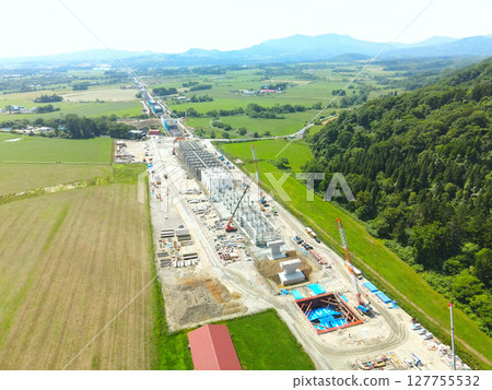 Aerial view of the construction site around JR Hokkaido Shinkansen Yakumo Station in Yakumo Town, Hokkaido in early summer 127755532