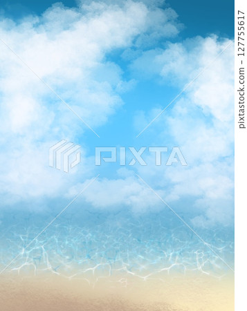 Hand-drawn background illustration of a summer image of blue sky, sea and white clouds, vertical 127755617