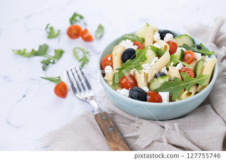 Mediterranean Pasta Salad in bowl 127755746