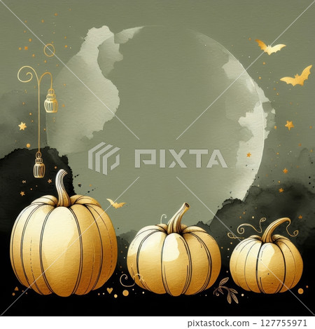 Halloween background with pumpkins, moon and bats. 127755971