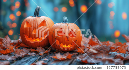 Halloween pumpkins on wooden table with bokeh background. 127755973