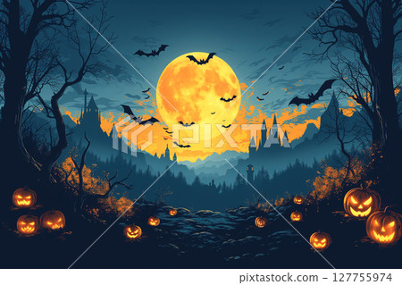 Halloween background with pumpkins, bats and castle. Flat illustration. Halloween background with pumpkins, bats and castle. Flat illustration. 127755974
