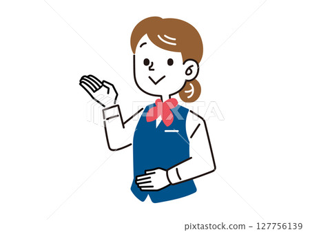 A female employee in uniform cheerfully giving directions with a smile A female employee in uniform cheerfully giving directions with a smile 127756139
