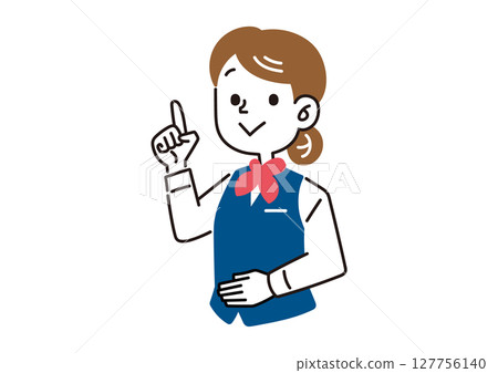 Female employee in uniform pointing up Female employee in uniform pointing up 127756140