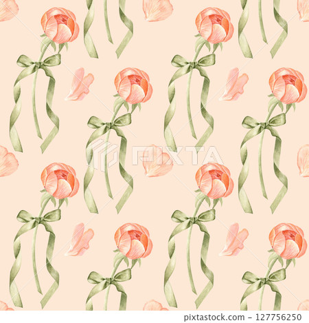 Peony buds, green ribbon flowing tails, petals watercolor seamless pattern on peach background. Hand-painted ideal for gift shop, wedding stationery, charity packaging, romantic graphic design Peony buds, green ribbon flowing tails, petals watercolor seamless pattern on peach background. Hand-painted ideal for gift shop, wedding stationery, charity packaging, romantic graphic design 127756250