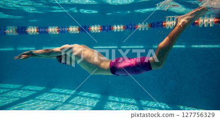 Male swimmer gliding underwater in swimming pool with sunlight casting patterns on pool floor Male swimmer gliding underwater in swimming pool with sunlight casting patterns on pool floor 127756329