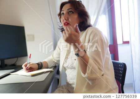 Businesswoman taking notes and thinking in home office 127756339