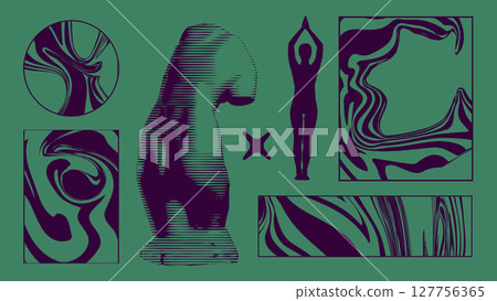 Brutalist body abstraction with classical torso, yoga pose and marbled flow forms Brutalist body abstraction with classical torso, yoga pose and marbled flow forms 127756365