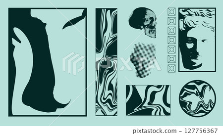 Brutalist classical collage with skull and fluid marble on aqua grid background. Fashion backdrops 127756367