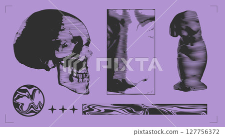 Anatomical skull and fragmented statues in violet brutalist collage. Poster design Anatomical skull and fragmented statues in violet brutalist collage. Poster design 127756372