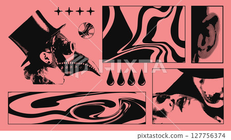 Surreal plague doctor and abstract drops on coral brutalist canvas 127756374