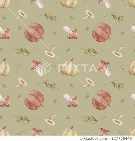 Pattern of watercolor pumpkins, mushrooms, branches leaves. Autumn harvest illustration drawn hand. Seamless print on pastel green background for design textiles, fabrics wallpapers, packaging clothes Pattern of watercolor pumpkins, mushrooms, branches leaves. Autumn harvest illustration drawn hand. Seamless print on pastel green background for design textiles, fabrics wallpapers, packaging clothes 127756449