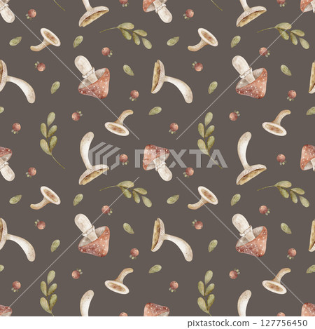 Watercolor pattern mushrooms berries green branches leaves. Autumn forest harvest illustration is hand drawn. Seamless print on dark brown background for textiles, fabrics wallpaper packaging clothes 127756450