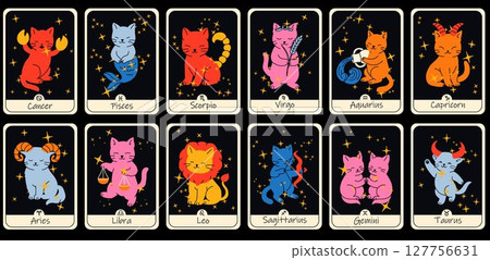 A mystical set of Tarot cards featuring zodiac cats, each card representing a unique astrological sign 127756631