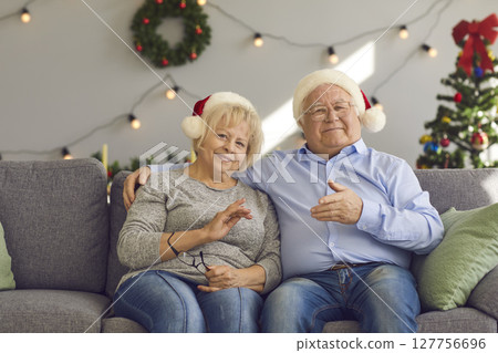 Smiling senior couple in Christmas hats sitting on sofa and looking at camera during online videocall 127756696