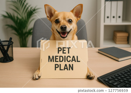 Happy dog holding pet medical plan folder on office desk with keyboard and notebook in background showing pet insurance concept 127756939