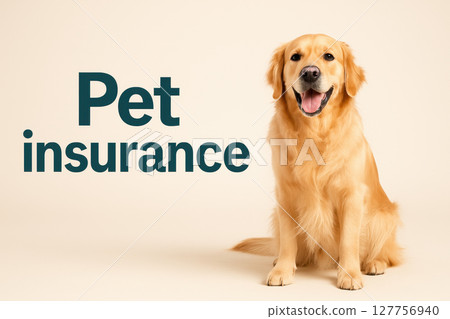 Pet insurance concept with happy golden retriever dog sitting on beige background smiling and looking at camera 127756940