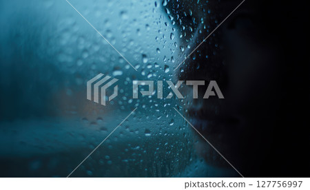 Person with sad expression looks through rain covered window reflecting deep suicidal thoughts and emotional struggle in dark and moody atmosphere 127756997