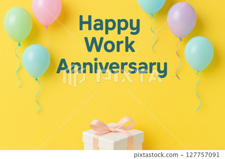 Happy work anniversary greeting with colorful balloons and gift box on yellow background creating happy festive atmosphere for celebration Happy work anniversary greeting with colorful balloons and gift box on yellow background creating happy festive atmosphere for celebration 127757091