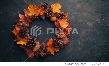 Rounded yellow brown autumn leaves and pine arranged copy space backgronund 127757155