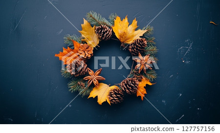 Rounded yellow brown autumn leaves and pine arranged copy space backgronund 127757156